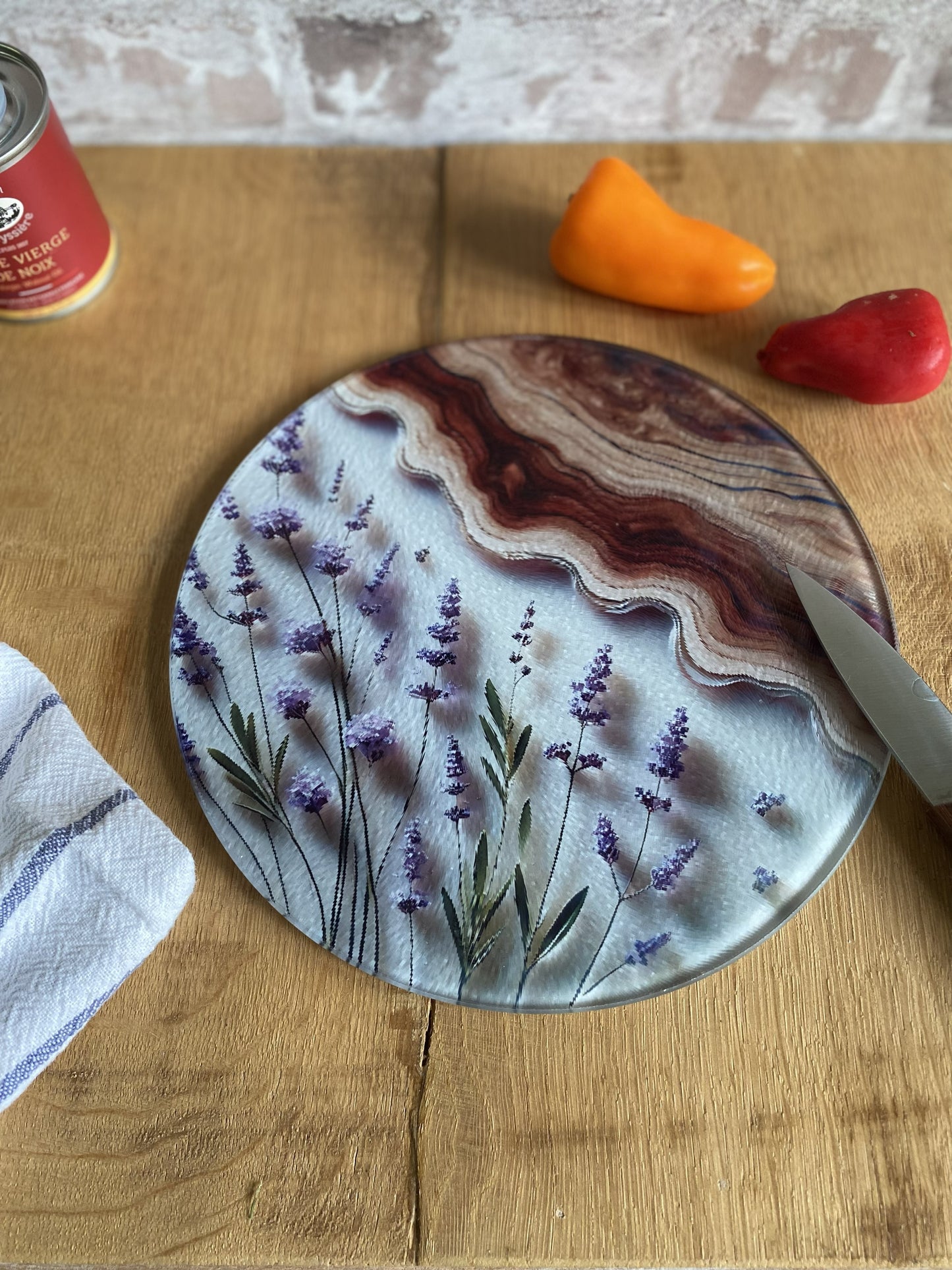 Planche à Découper en Verre Ronde – Trompe-l'Œil Bois & Lavande
