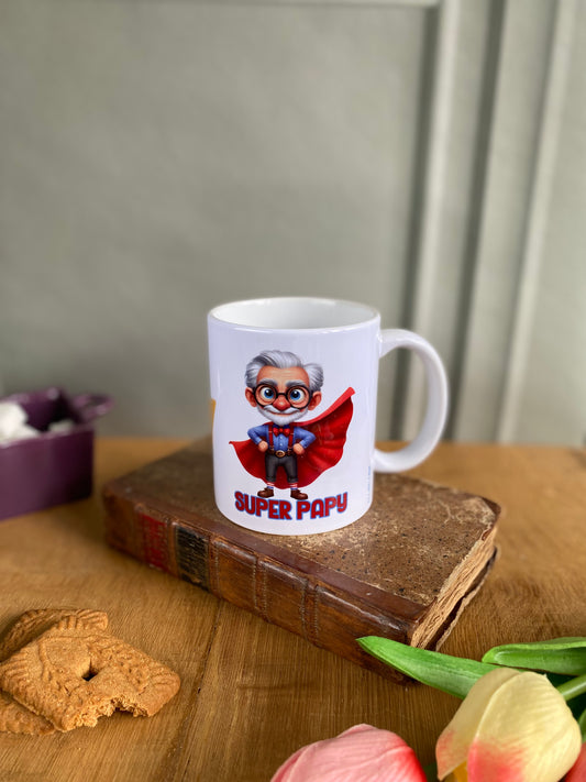 Mug céramique blanc personnalisé Super Papy – Cadeau grand-père original