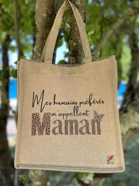 Sac cabas « Mes humains préférés m'appellent maman » – Aspect chanvre & imprimé léopard