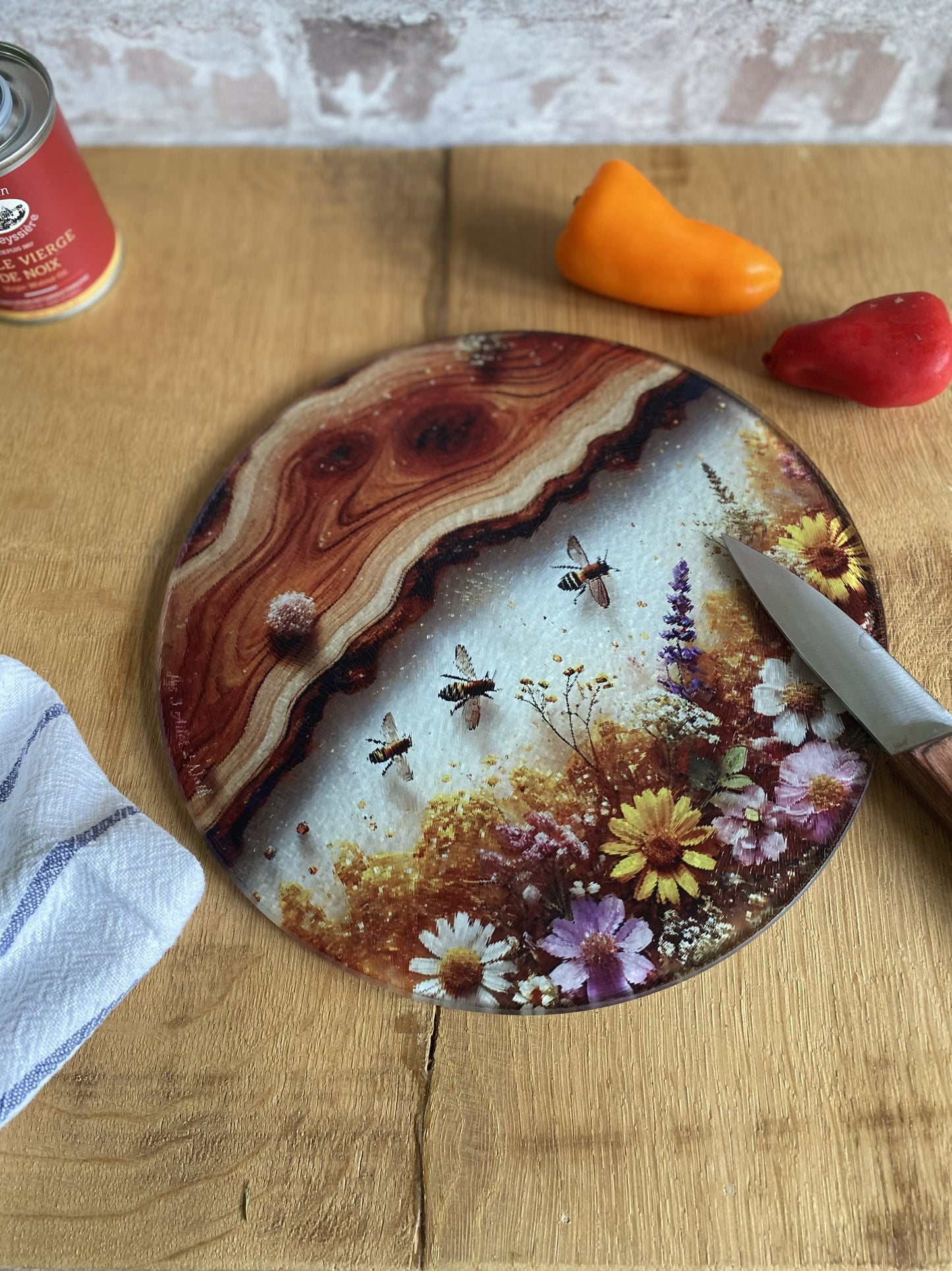 Planche à Découper en Verre Ronde – Trompe-l'Œil Bois, Fleurs Sauvages & Abeilles