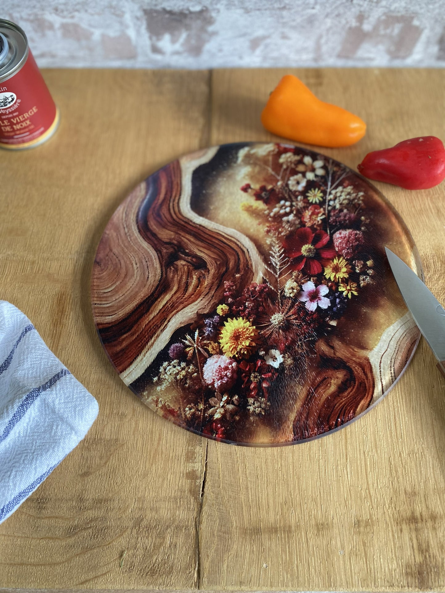 Planche à Découper en Verre – Trompe-l'Œil Bois & Fleurs Séchées
