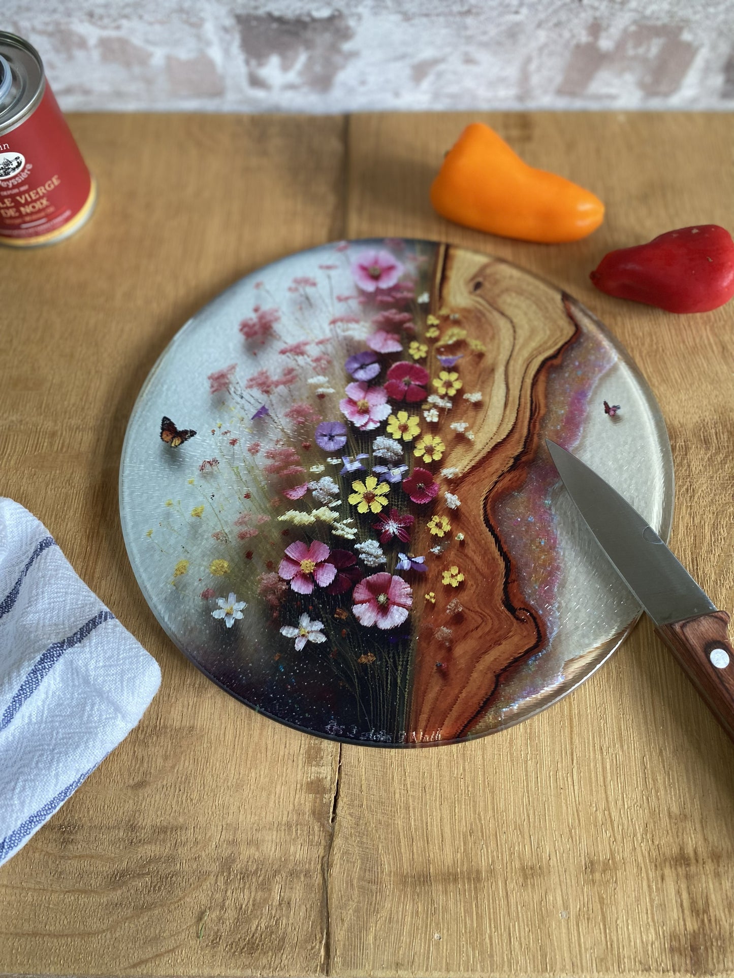 Planche à Découper en Verre Ronde – Trompe-l'Œil Bois, Fleurs Sauvages & Papillons